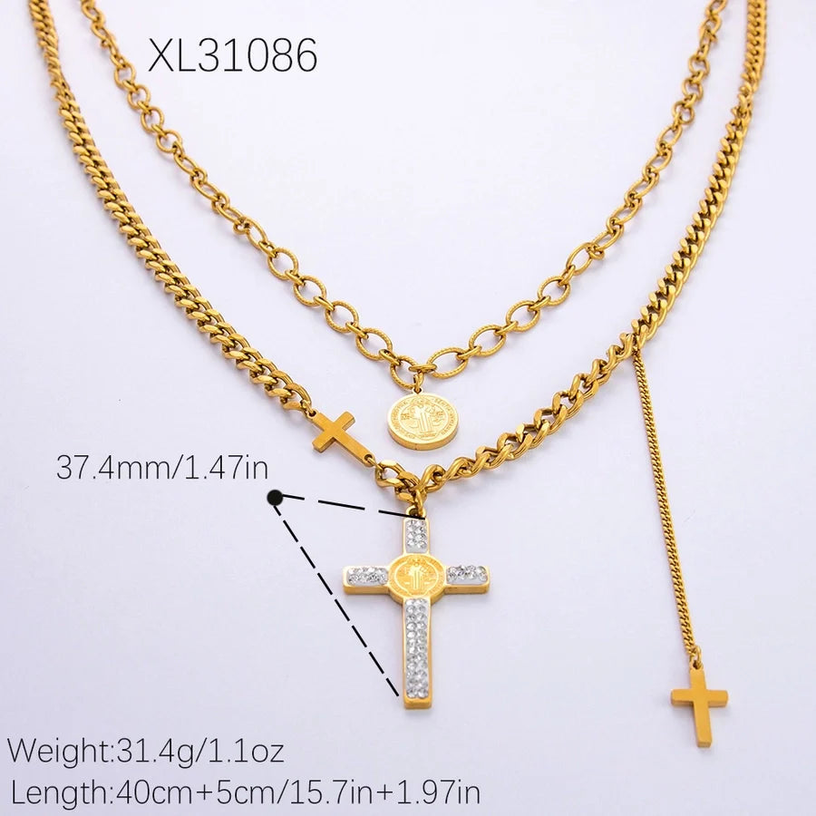 Jewelry Vintage Style Cross 304 Stainless Steel Plating Double Layer Necklaces