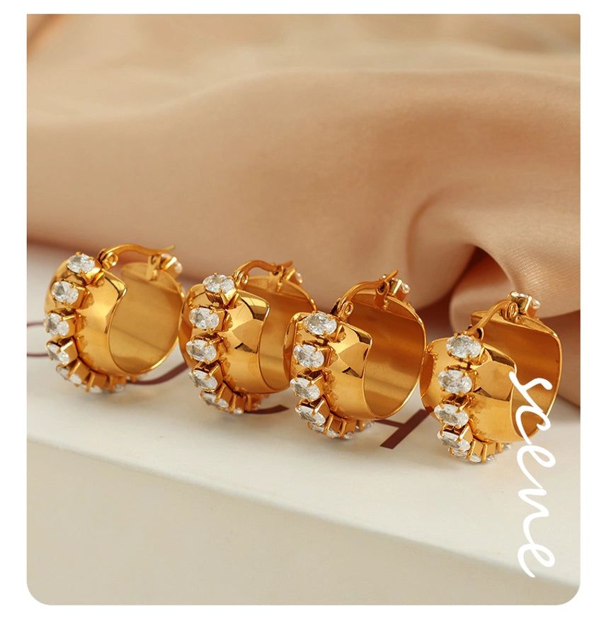 1 Pair Elegant Retro French Style C Shape Semicircle Polishing Plating Inlay 304 Stainless Steel Zircon 18K Gold Plated Earrings