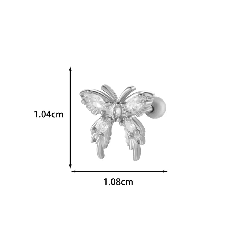 1 Piece IG Style Simple Style Korean Style Heart Shape Butterfly Bow Knot Inlay 316 Stainless Steel  Copper Zircon Ear Studs