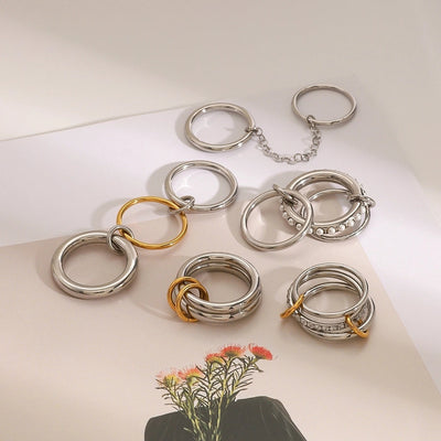Jewelry Elegant Simple Style Double Ring Stainless Steel Layered Mixed Metal Plating Rings