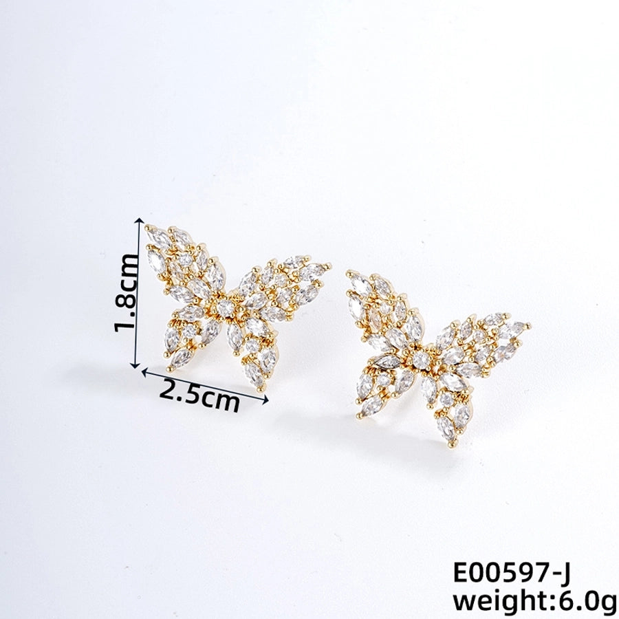 1 Pair Japanese Style Simple Style Shiny Butterfly Three-dimensional Inlay Copper Zircon K Gold Plated Ear Studs