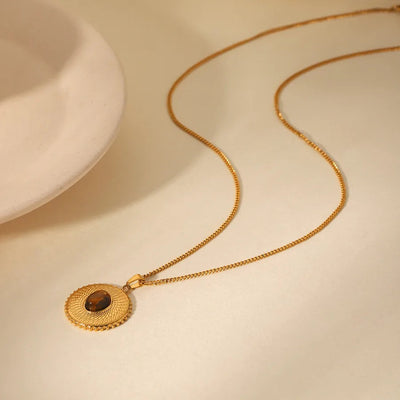 Wholesale Jewelry IG Style Simple Style Sunflower 304 Stainless Steel Titanium Steel Tiger Eye 18K Gold Plated Pendant Necklace Cuban Link Chain Curb Chain