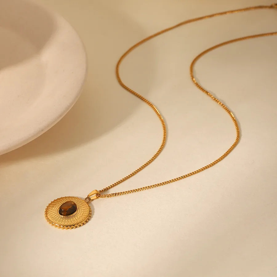 Wholesale Jewelry IG Style Simple Style Sunflower 304 Stainless Steel Titanium Steel Tiger Eye 18K Gold Plated Pendant Necklace Cuban Link Chain Curb Chain