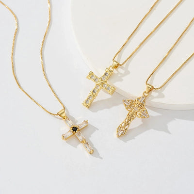 Copper box chain 18K Gold Plated Inlay Carving Cross Zircon Pendant Necklace