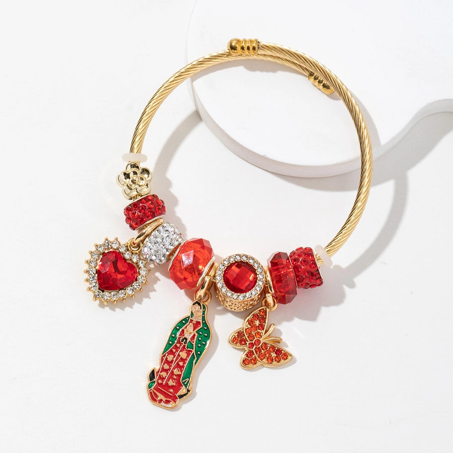 Elegant Cute Religion Cross Heart Shape Butterfly 304 Stainless Steel Alloy Artificial Crystal Bangle In Bulk