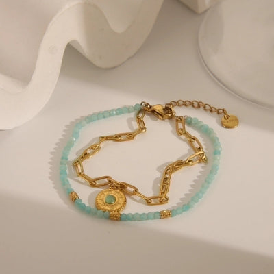 Bohemian Simple Style Commute Geometric 304 Stainless Steel 18K Gold Plated Natural Stone Zircon Bracelets In Bulk