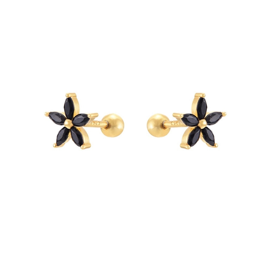 1 Pair Sweet Shiny Flower Inlay Copper Zircon 24K Gold Plated Ear Studs