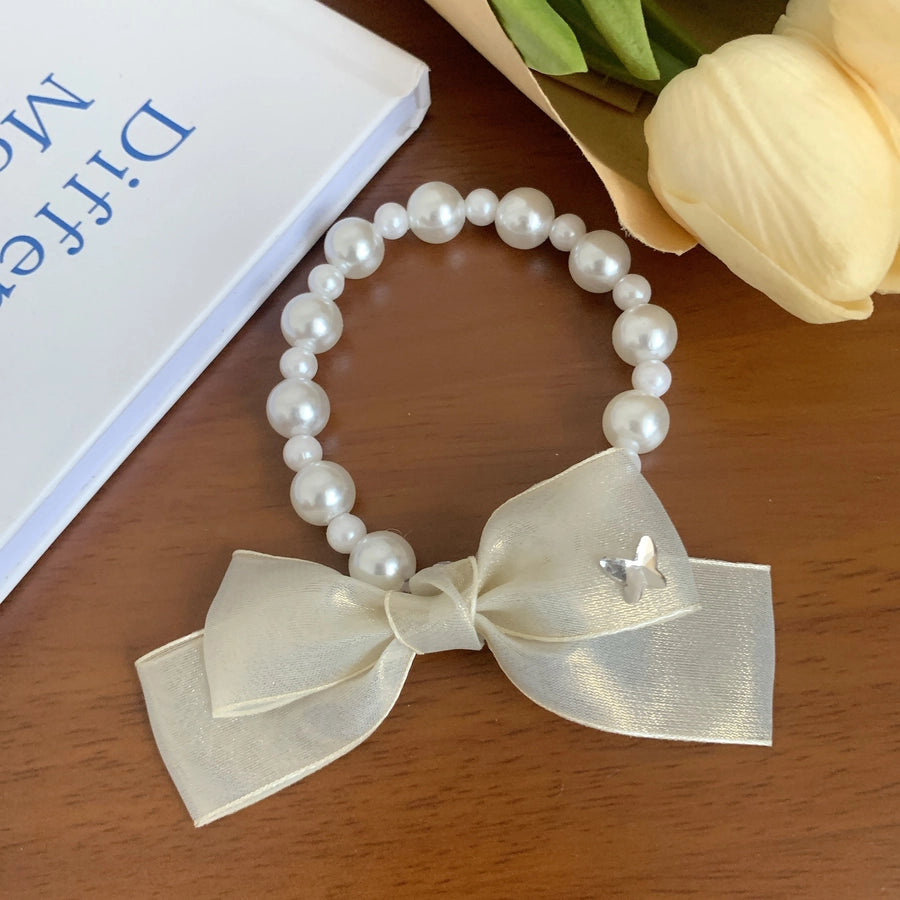 Women's Korean Style IG Style Bow Knot Imitation Pearl Gauze Beaded Hair Tie