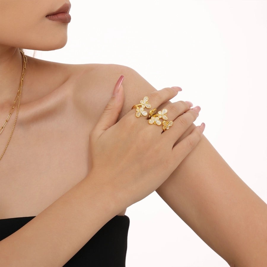 Jewelry Elegant Luxurious Vacation Butterfly Copper Zircon 18K Gold Plated Rings