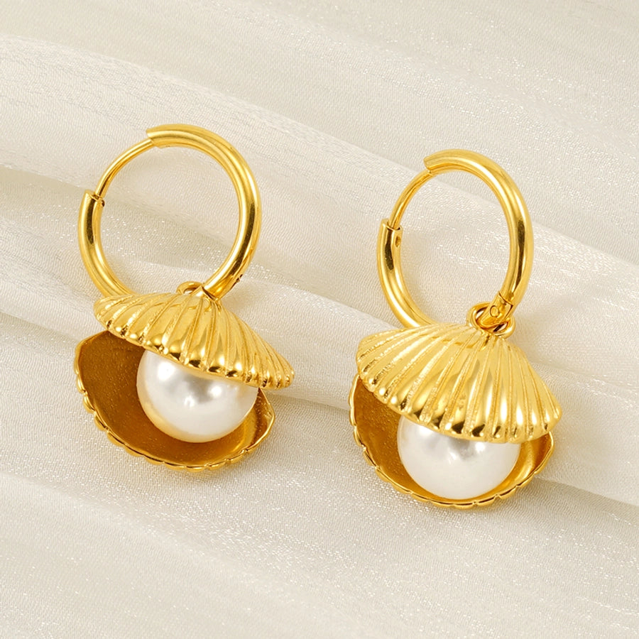 Jewelry IG Style Shell 304 Stainless Steel Artificial Pearls 18K Gold Plated Inlay Rings Earrings Necklace