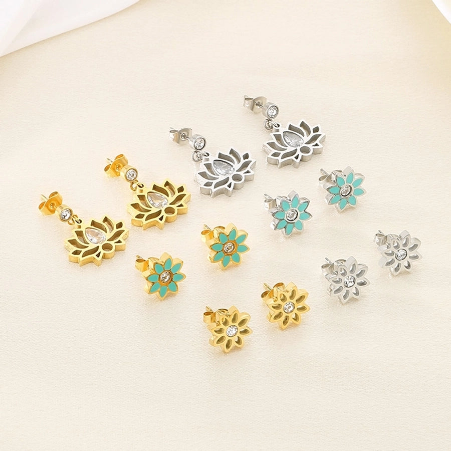 1 Pair Vintage Style Flower Hollow Out Inlay 304 Stainless Steel Zircon 18K Gold Plated Ear Studs