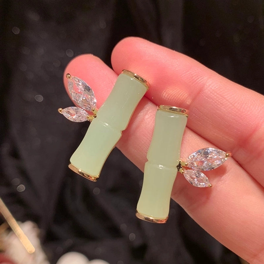 1 Pair Elegant Vintage Style Geometric Bamboo Plating Synthetics Metal Copper Zircon 14K Gold Plated Ear Studs
