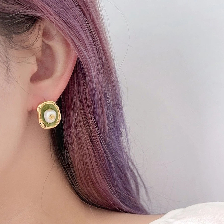 1 Pair Retro Baroque Style Geometric Inlay Copper Freshwater Pearl 18K Gold Plated Ear Studs