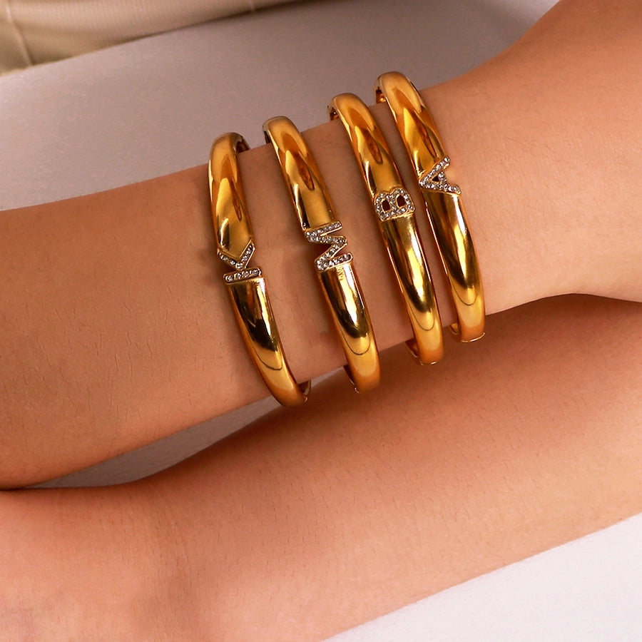 Vintage Style Simple Style Classic Style Letter 304 Stainless Steel 18K Gold Plated Zircon Bangle In Bulk