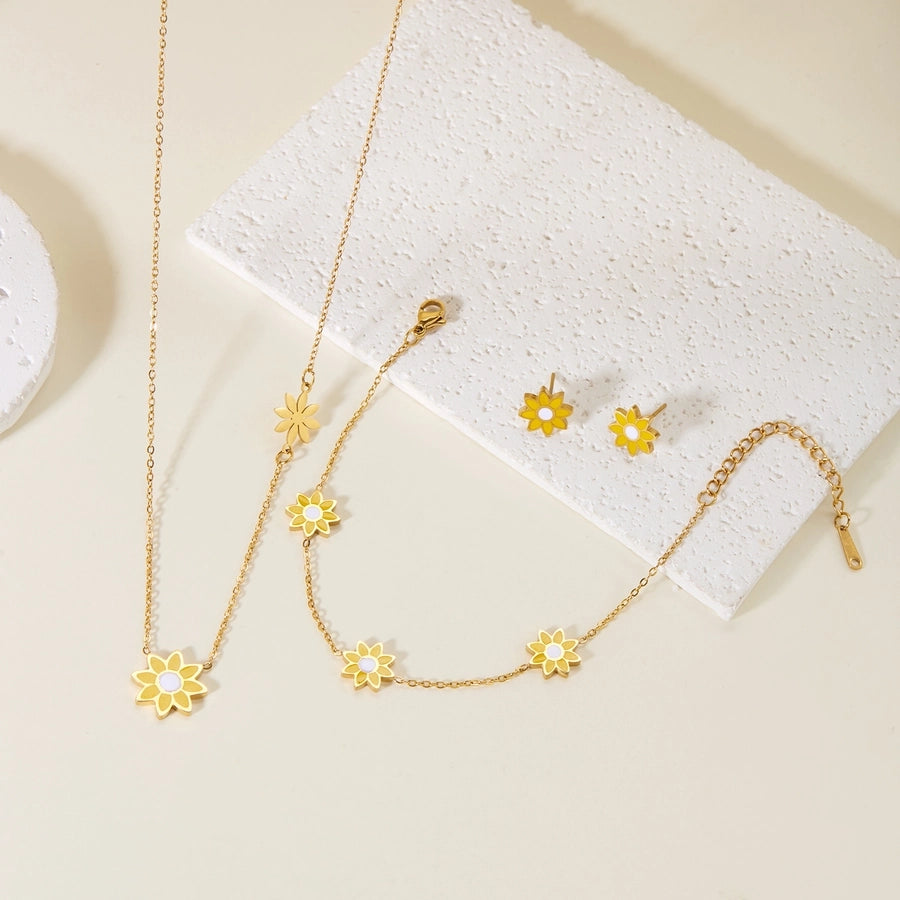 Premium Little Daisy Flower Bracelet Necklace Ear Stud Three-Piece Set Sweet Personality Niche Stainless Steel Ornament