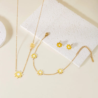 Premium Little Daisy Flower Bracelet Necklace Ear Stud Three-Piece Set Sweet Personality Niche Stainless Steel Ornament