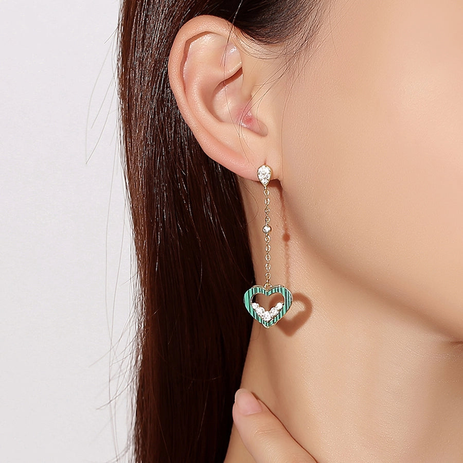 1 Pair Lady Sweet Classic Style Heart Shape Tassel Hollow Out Inlay Copper Alloy Malachite Zircon K Gold Plated Drop Earrings