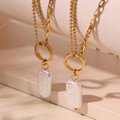 Jewelry Elegant Vacation Rectangle 304 Stainless Steel Baroque pearl 18K Gold Plated Pendant Necklace