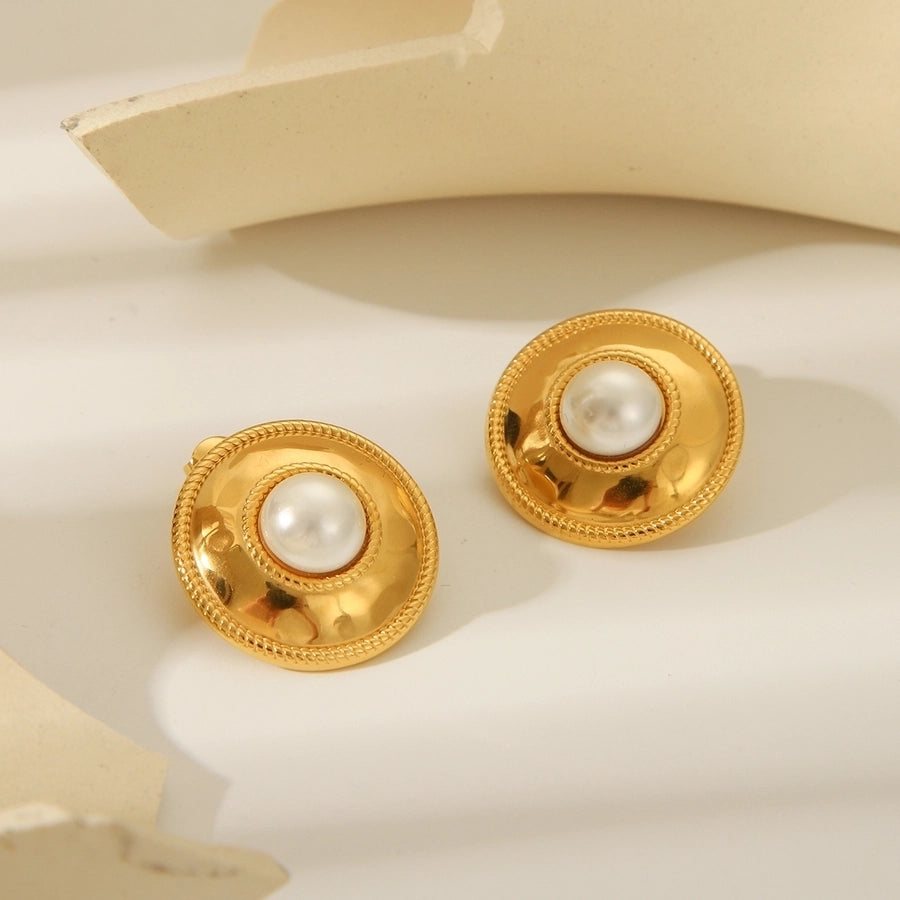 1 Pair IG Style Round Plating Inlay 304 Stainless Steel Pearl 18K Gold Plated Ear Studs