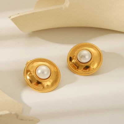 1 Pair IG Style Round Plating Inlay 304 Stainless Steel Pearl 18K Gold Plated Ear Studs