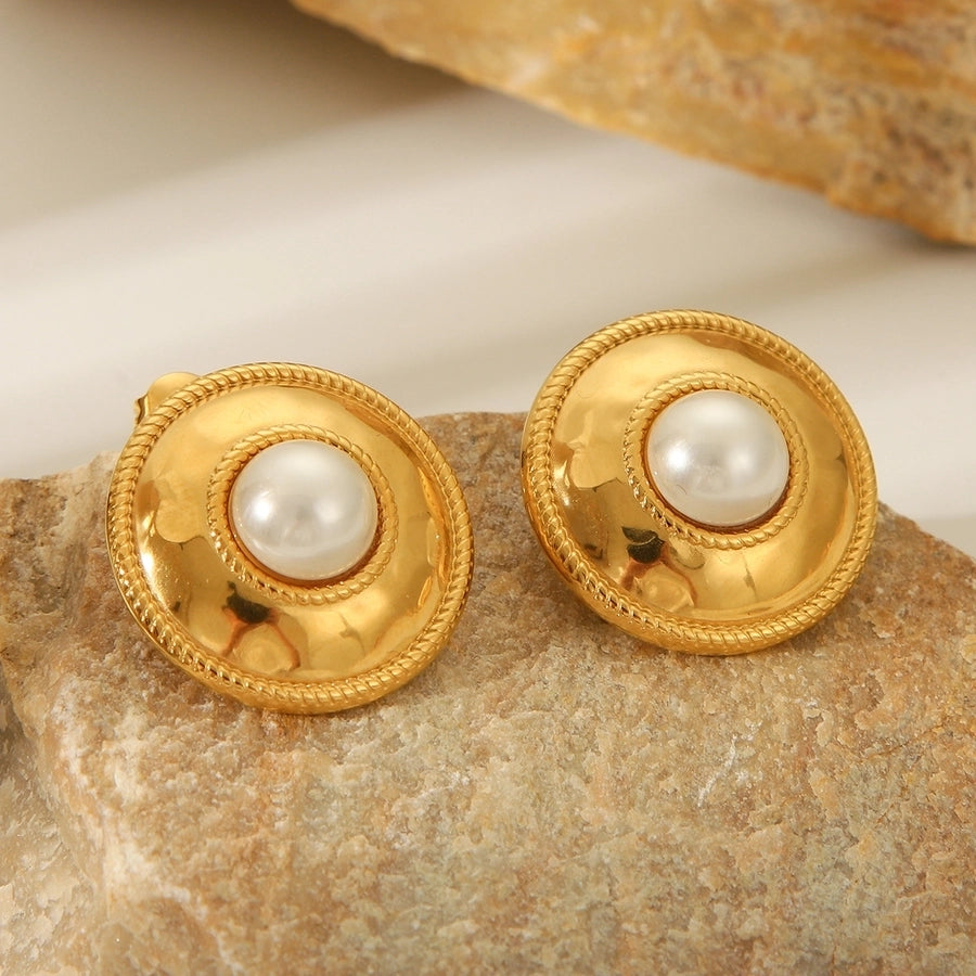 1 Pair IG Style Round Plating Inlay 304 Stainless Steel Pearl 18K Gold Plated Ear Studs