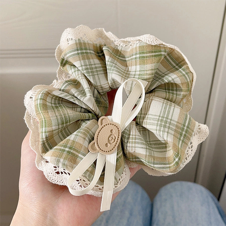 Women's Casual Preppy Style Lattice Bear Bow Knot Cloth Lace Hair Tie