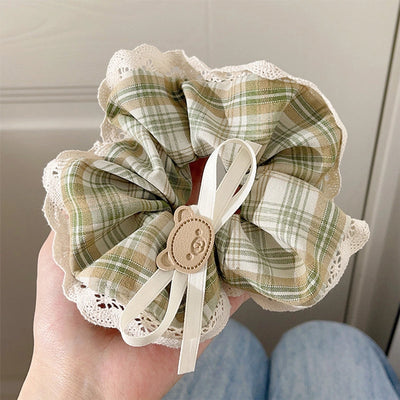 Women's Casual Preppy Style Lattice Bear Bow Knot Cloth Lace Hair Tie