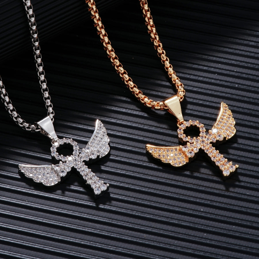Hip-Hop Rock Shiny Cross Wings 304 Stainless Steel Copper Zircon K Gold Plated Rhodium Plated Unisex Pendant Necklace