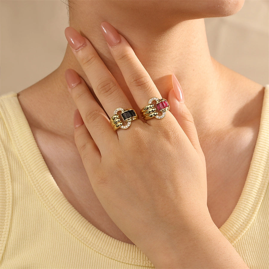 Jewelry IG Style Shiny Oval Copper Zircon Inlay Open Rings