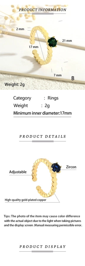 Copper Inlay Round Zircon Open Rings