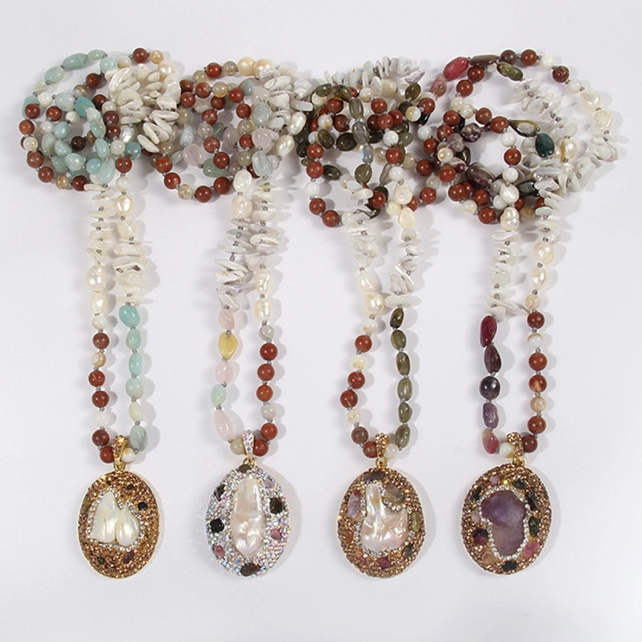 Bohemian Geometric natural stone Beaded Chain Pendant Necklace In Bulk