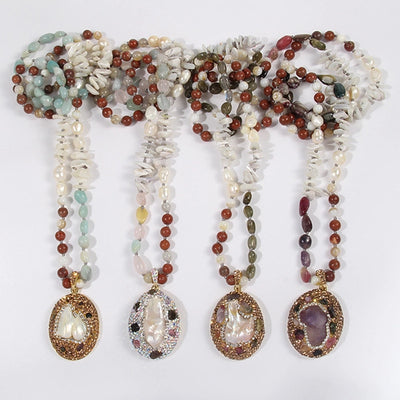 Bohemian Geometric natural stone Beaded Chain Pendant Necklace In Bulk