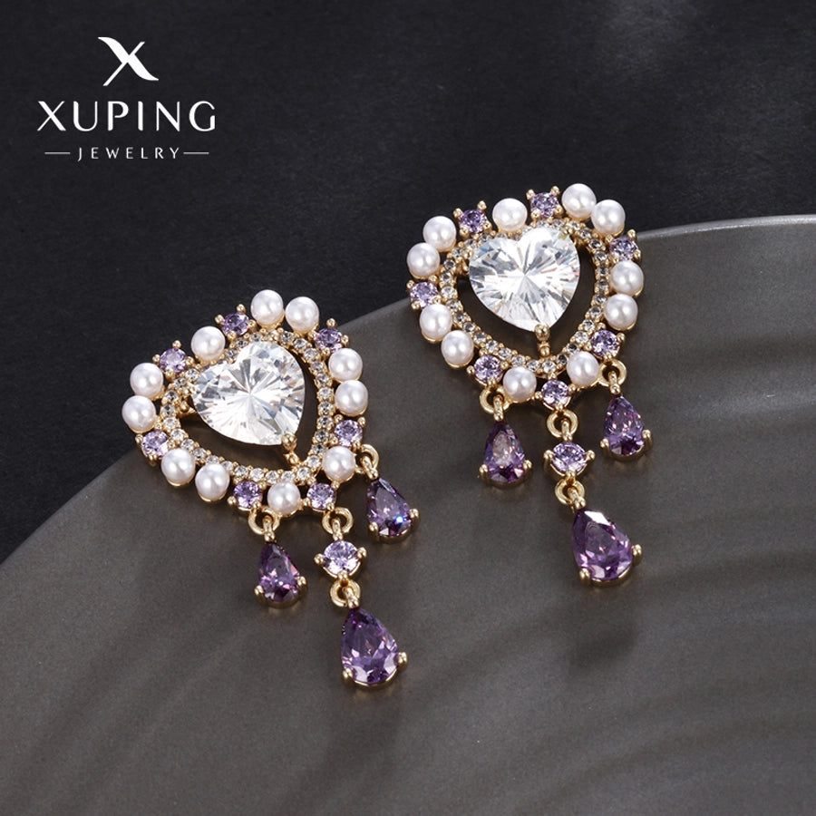 1 Pair Luxurious Sweet Heart Shape Plating Copper Artificial Gemstones 18K Gold Plated Drop Earrings