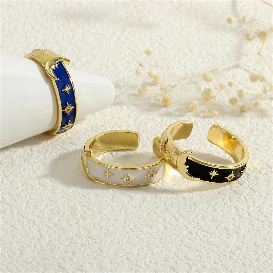 Copper Enamel Inlay Star Moon Zircon Open Rings