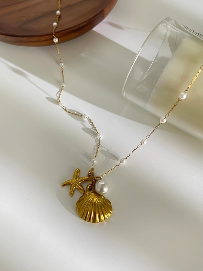 Jewelry Retro Marine Style Beach Starfish Shell 316L Stainless Steel  18K Gold Plated Pendant Necklace