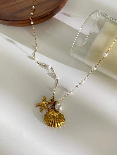 Jewelry Retro Marine Style Beach Starfish Shell 316L Stainless Steel  18K Gold Plated Pendant Necklace