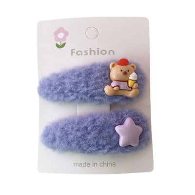 2 Autumn and Winter Colorful Cartoon Bears XINGX Fabric Plush Long Water Drops Barrettes Children's Side Bang Clip Accessories