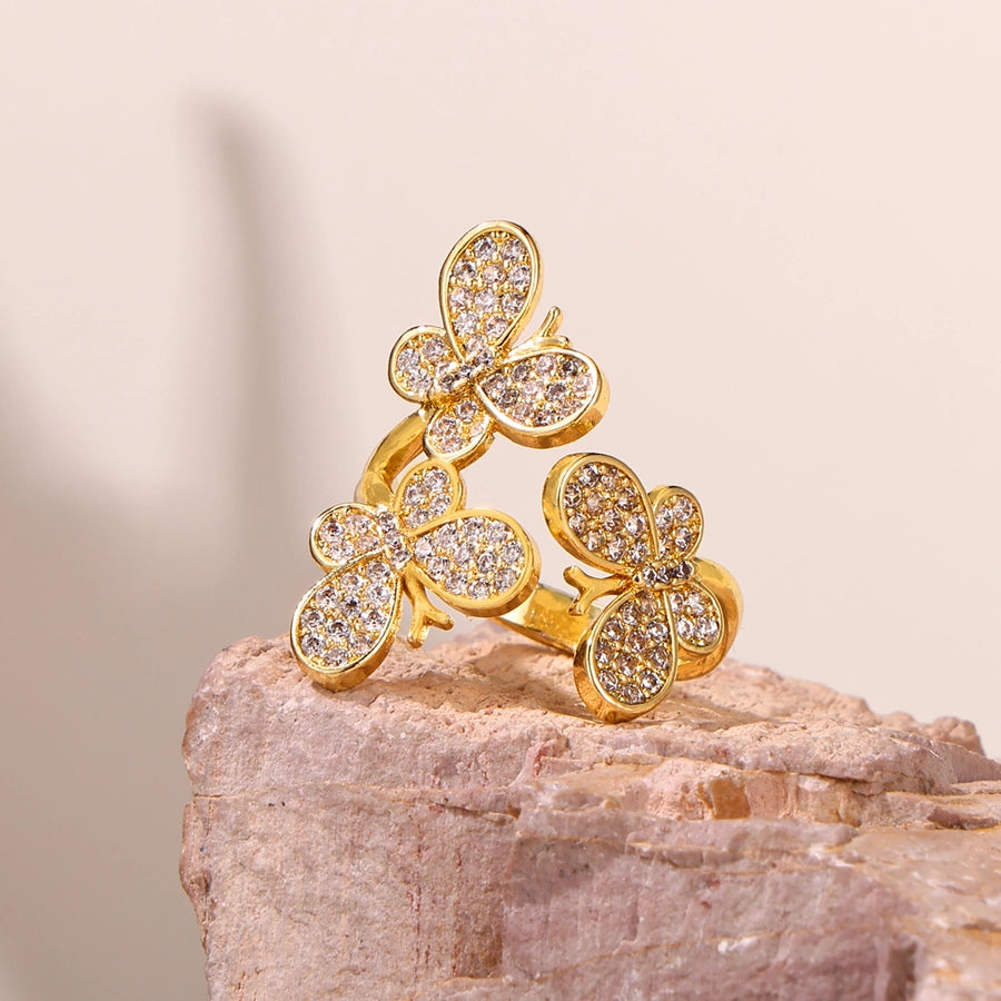 Jewelry Elegant Luxurious Vacation Butterfly Copper Zircon 18K Gold Plated Rings