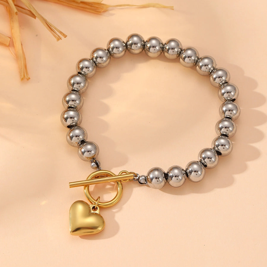 Elegant Heart Shape Titanium Steel 18K Gold Plated Beaded Chain cable chain Bracelets In Bulk