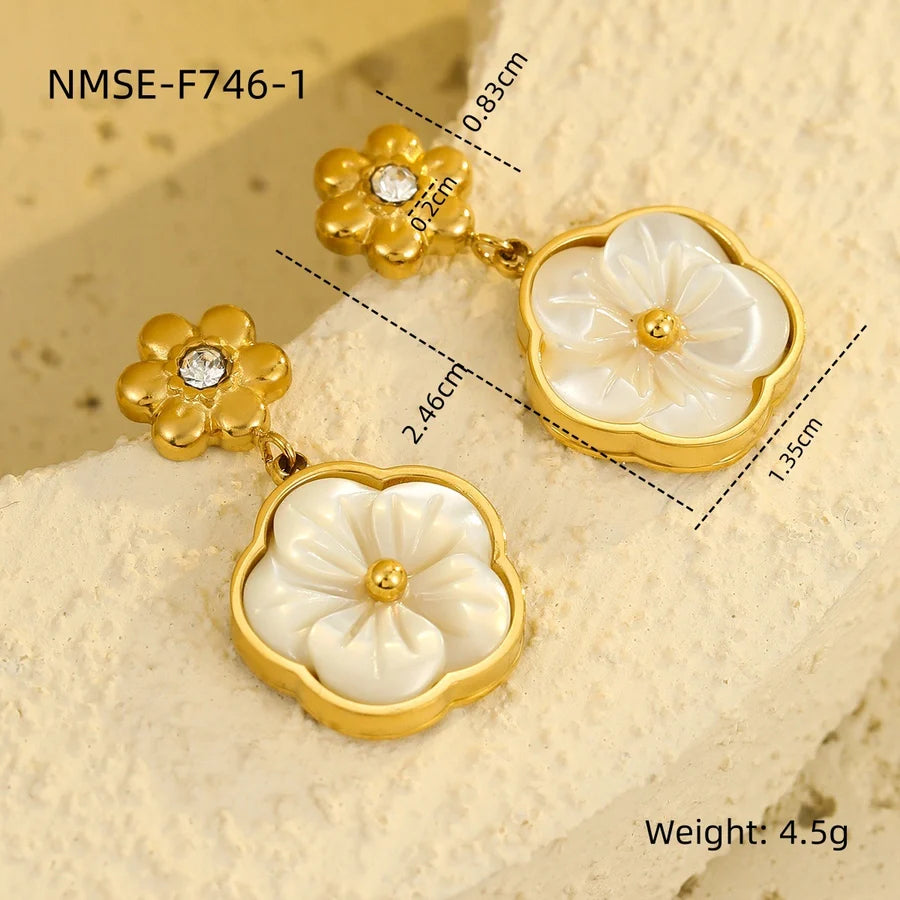 Jewelry Simple Style Flower 304 Stainless Steel Shell Zircon 18K Gold Plated Inlay Bracelets Earrings Necklace