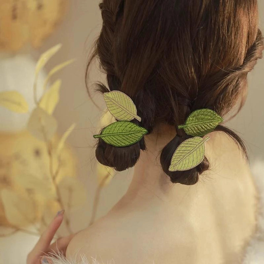 Embroidered leaves! Fresh hairpin! Exquisite bangs clip forehead high-grade Leaf side clip headdress broken hairpin