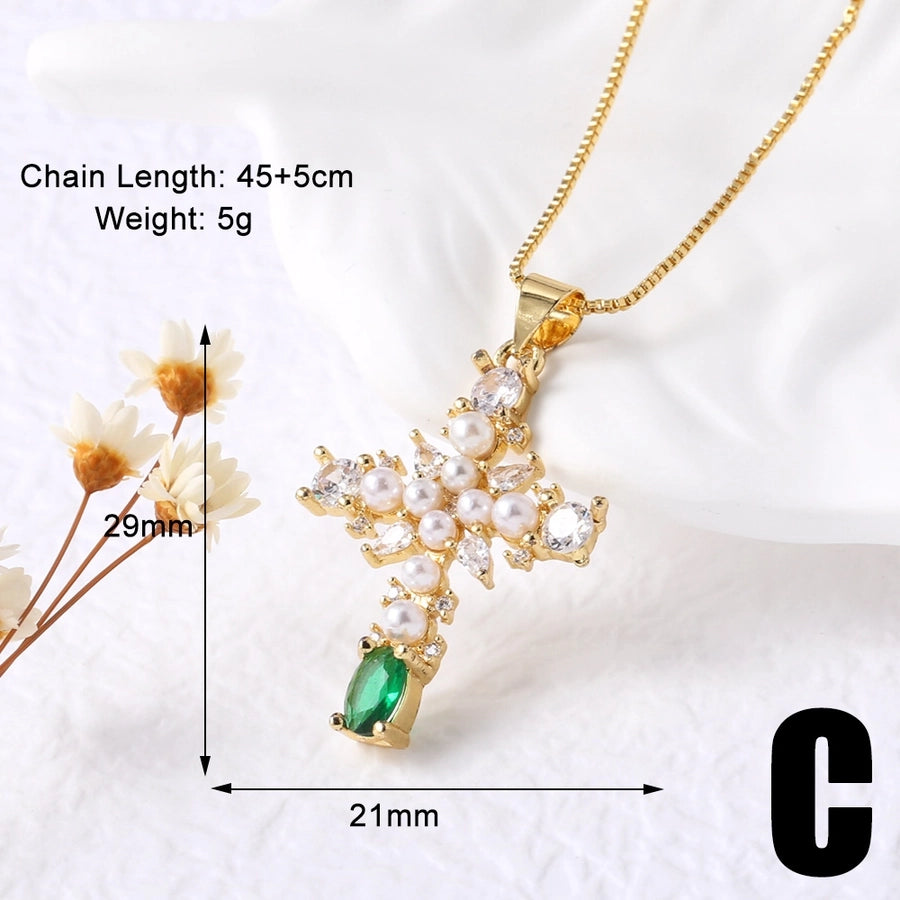 Jewelry Modern Style Simple Style Cross 201 Stainless Steel Copper Pearl Zircon 18K Gold Plated Inlay Pendant Necklace