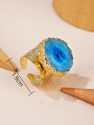 Natural Crystal Copper 14K Gold Plated Inlay Asymmetrical Irregular Crystal Open Rings