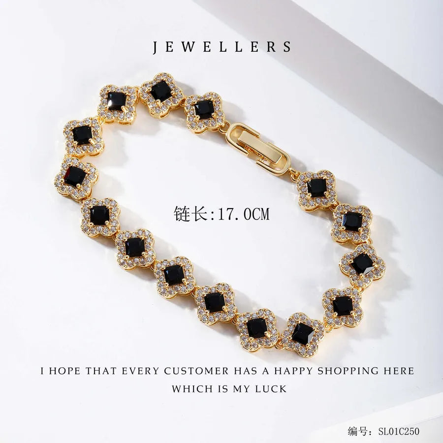 Wholesale Jewelry Elegant Classic Style Leaf Four Leaf Clover Copper Zircon Plating Bracelets Tennis Chain