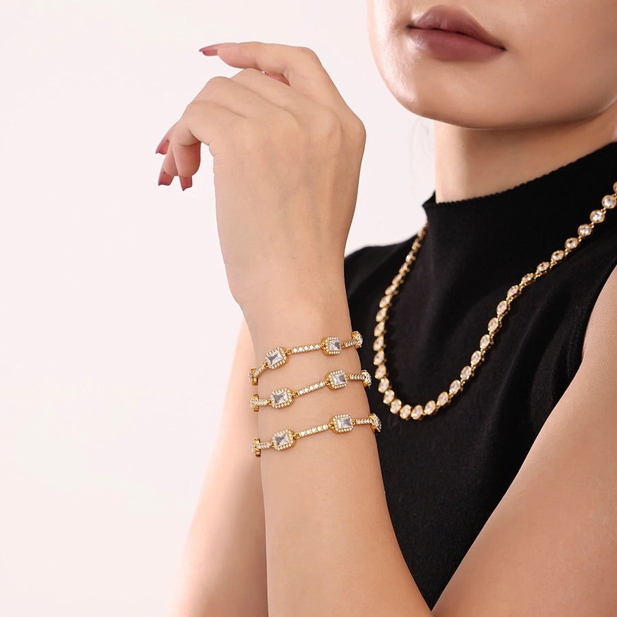 Luxurious Vacation Shiny Square 304 Stainless Steel 18K Gold Plated Zircon  Bracelets In Bulk