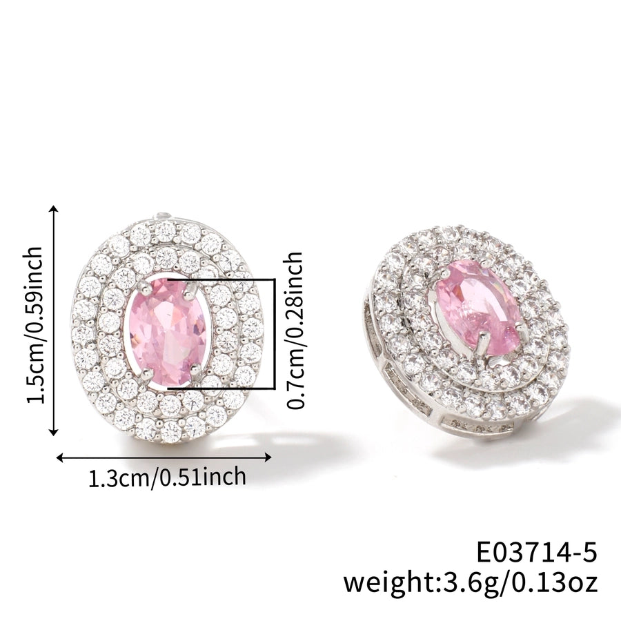 1 Pair Retro Sweet Shiny Oval Inlay Copper Glass Zircon Rhodium Plated Ear Studs