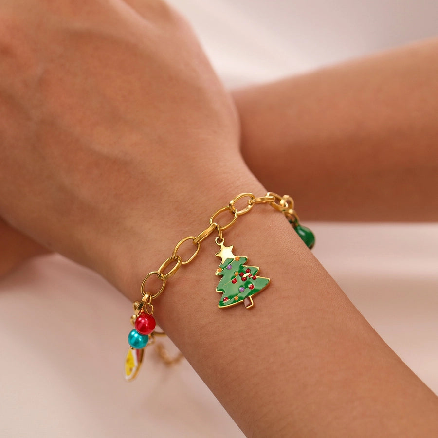 Simple Style Christmas Tree Santa Claus Christmas Socks 304 Stainless Steel cable chain Bracelets In Bulk