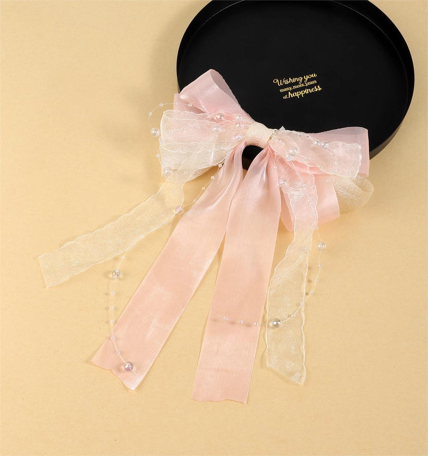 Women's IG Style Sweet Bow Knot Beaded Gauze Hair Clip