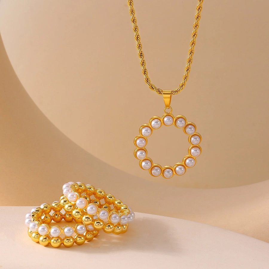 Jewelry Elegant Round 304 Stainless Steel Artificial Pearls 18K Gold Plated Plating Inlay Rings Necklace