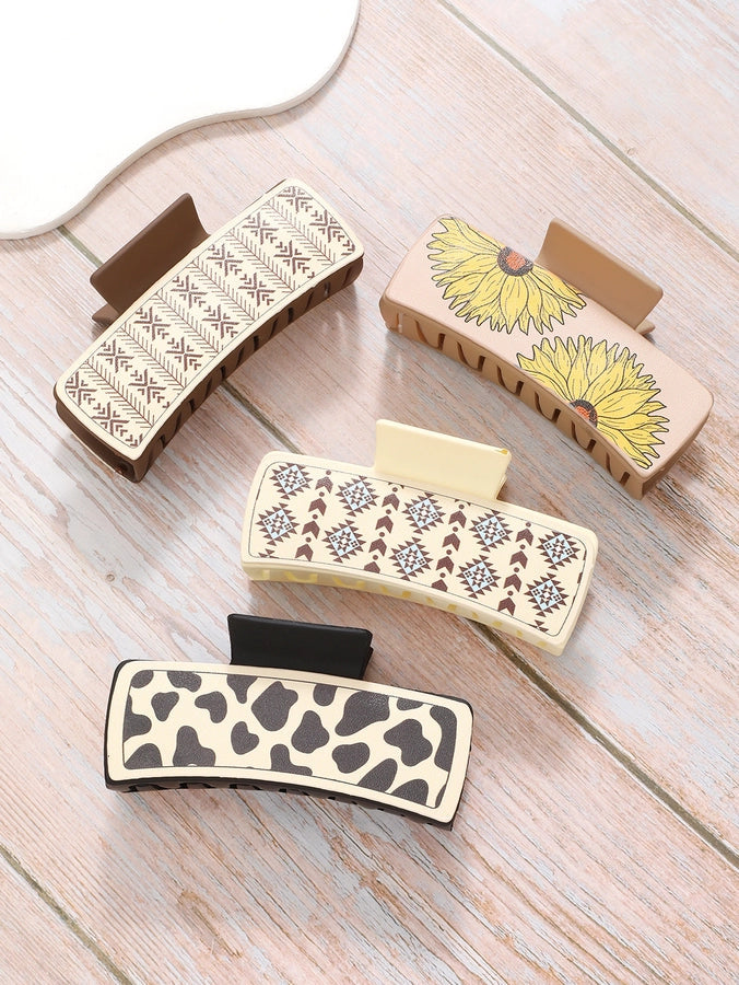 retro color block plastic resin printing hair claws